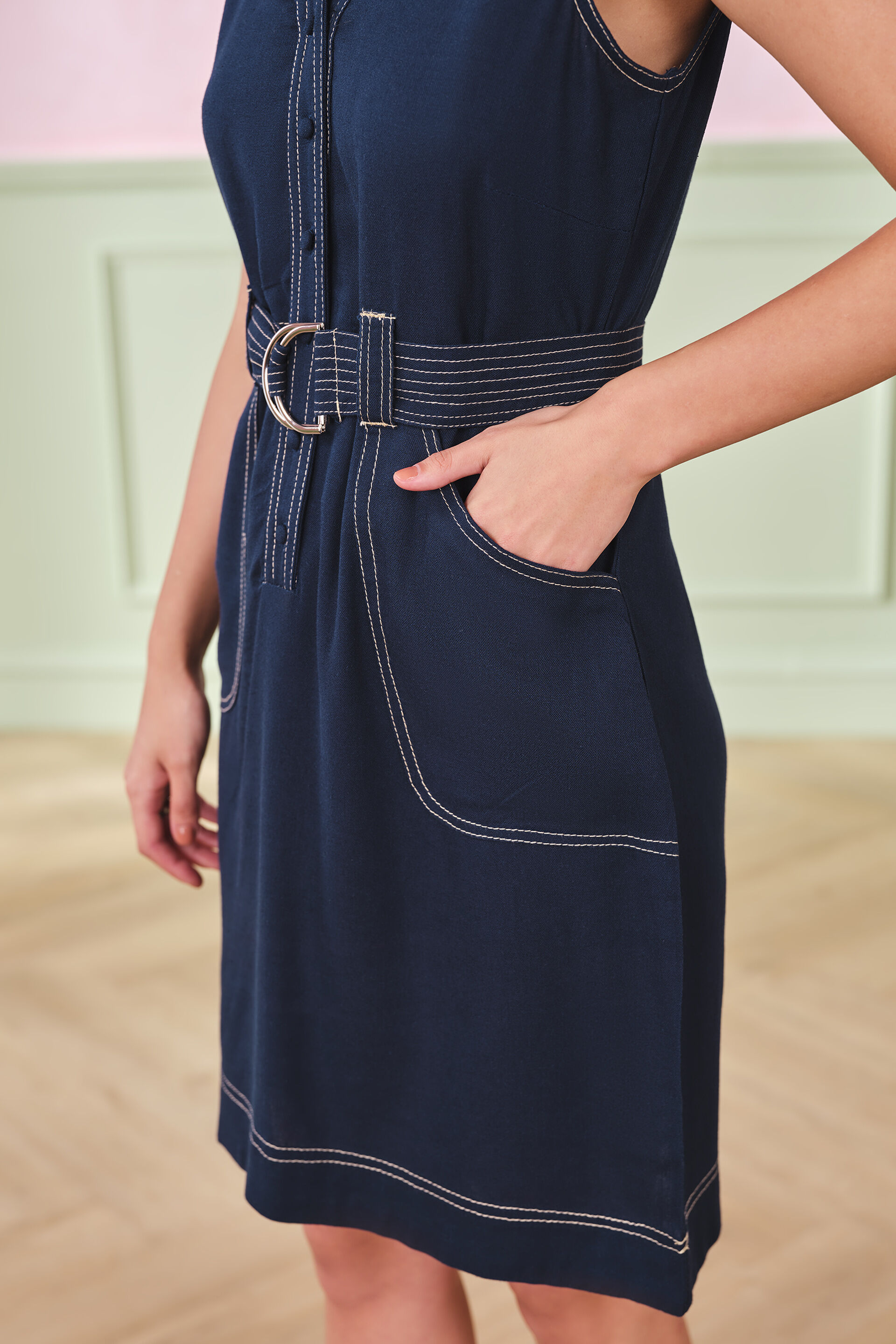Cobalt Belted Viscose Blend Dress, Navy, image 7